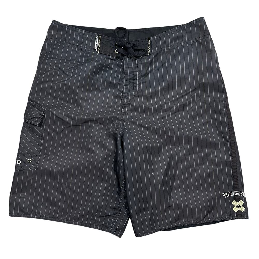 Y2K Quiksilver Board Shorts 36 Waist Men’s Pinstripe Surf Swim Trunks Black